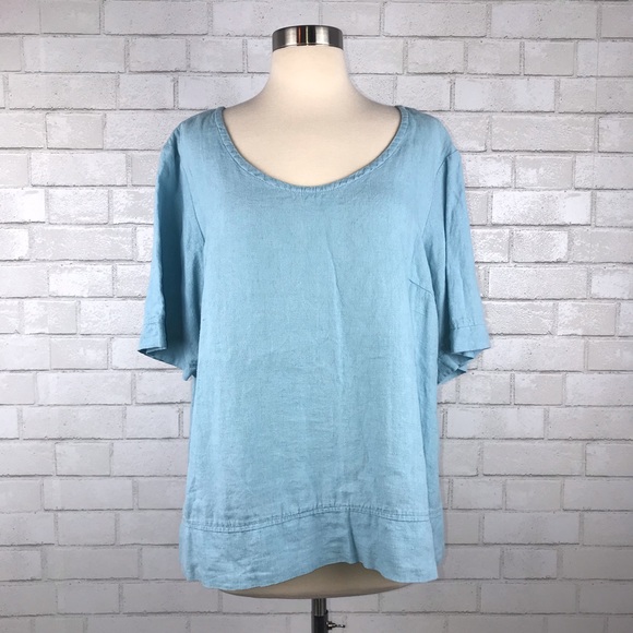FLAX Blue Linen Round Neck Top Large S1705 - Picture 1 of 7